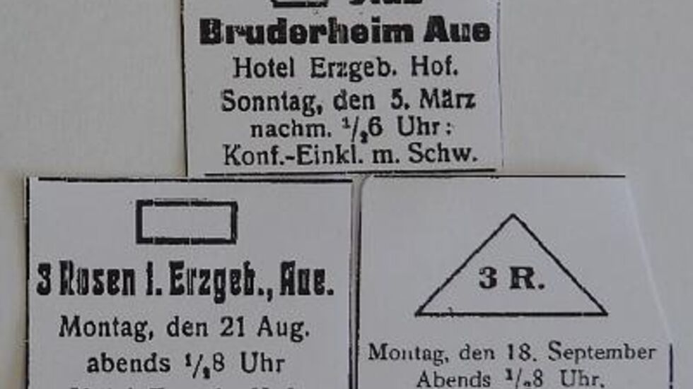 Mit Anzeigen im Auer Tages­blatt wurde 1911 zu Treffen der Loge einge­laden. (Foto: Berndt Thomas Möckel)