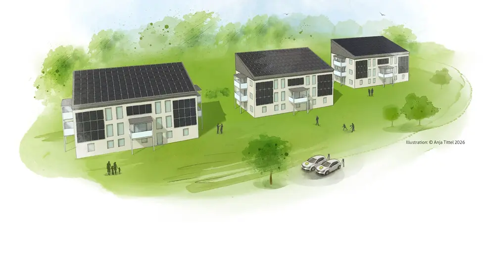 Illustration der drei hochgradig energieautarken Mehrfamilienhäuser in Schwarzenberg. Illustration der drei hochgradig energieautarken Mehrfamilienhäuser in Schwarzenberg.