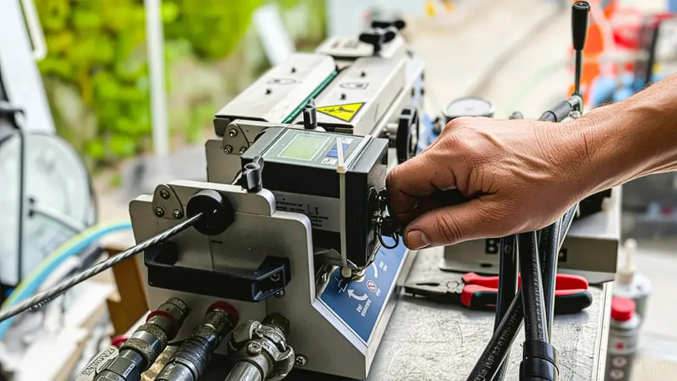 Ein Kompressor bläst die Glasfaser vom Netzverteiler bis zum Kunden – wie auf einem Luftkissen - auch über weite oder kurvige Strecken. Mit 5 bis 16 Bar drückt er das Kabel in Richtung Kunden.