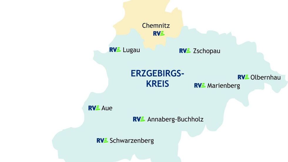 Standorte und Einzugsgebiet der RVE © Regionalverkehr Erzgebirge GmbH. Standorte und Einzugsgebiet der RVE © Regionalverkehr Erzgebirge GmbH.